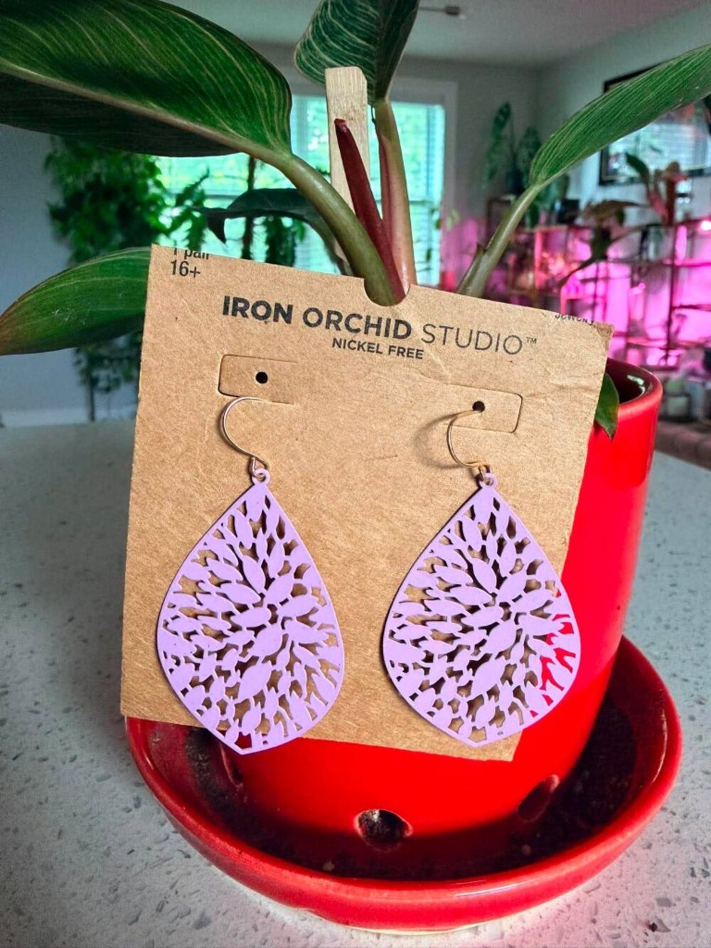 Iron Orchid Studio Lavender Filigree Teardrop Earrings NWT Nickel Free - Picture 2 of 2